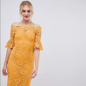 Paper Dolls London Tall Off Shoulder Crochet Lace Midi Dress with Frill Sleeves